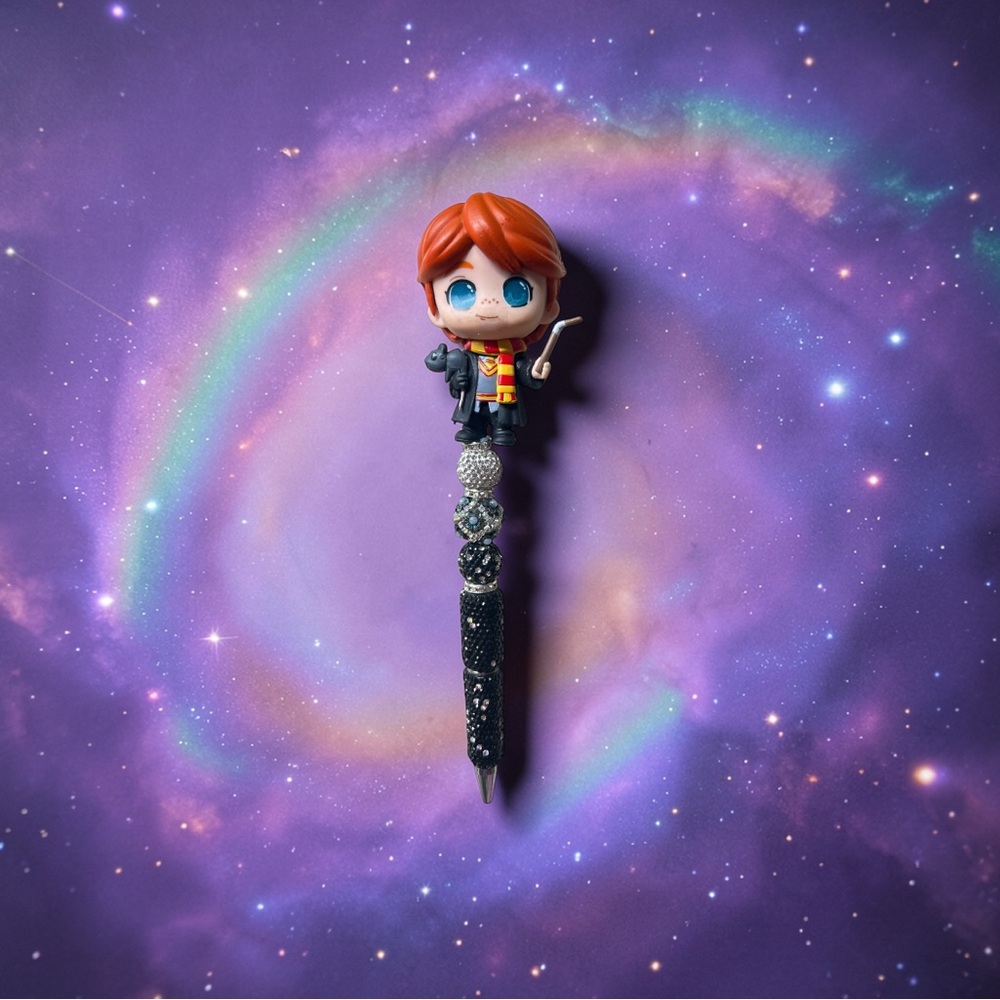 Fun Wizard Character Beaded Pen - Red Hair, Black & Silver Accents